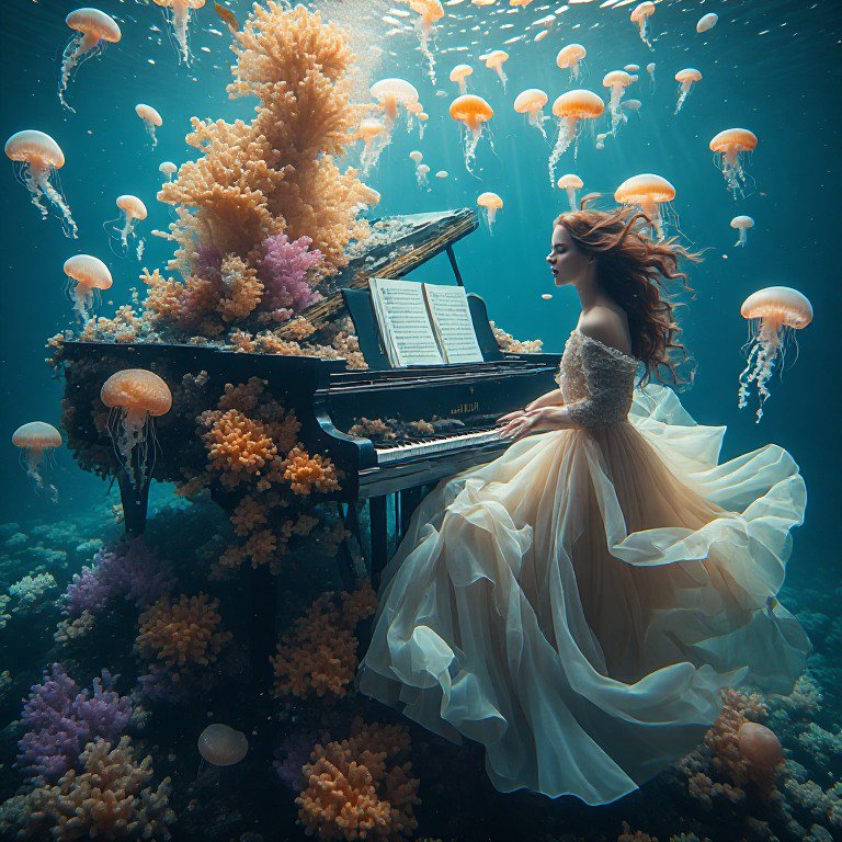 Surreal underwater scene of a woman in a flowing gown playing a coral-covered grand piano surroun...