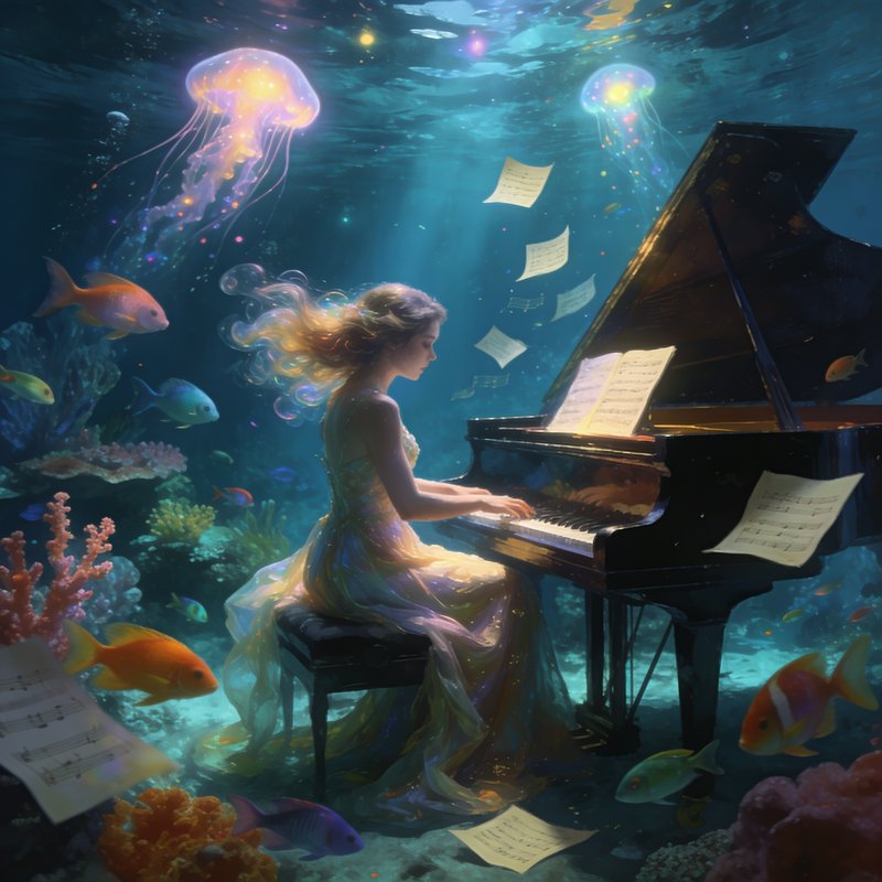 Surreal fantasy art of a woman playing grand piano underwater, surrounded by glowing jellyfish, f...
