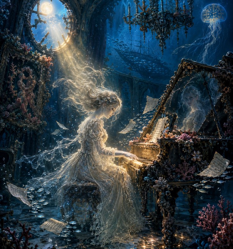 Ethereal pale woman plays a coral-overgrown grand piano inside a sunlit, flooded underwater ruine...