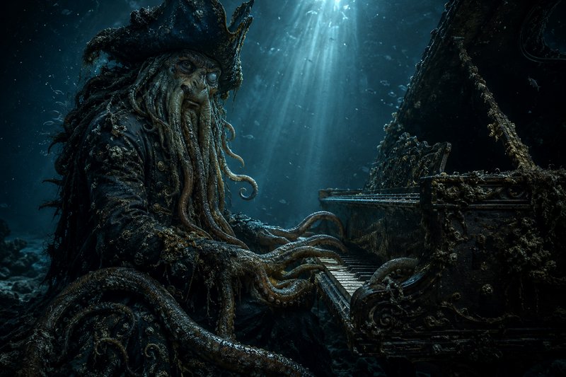 Cursed tentacled pirate Davy Jones plays a barnacle-covered grand piano underwater as sunbeams fi...