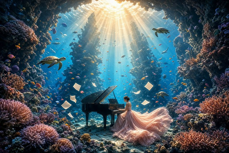Elegant woman in flowing pink gown plays grand piano in a sunlit underwater coral cave, with sea ...