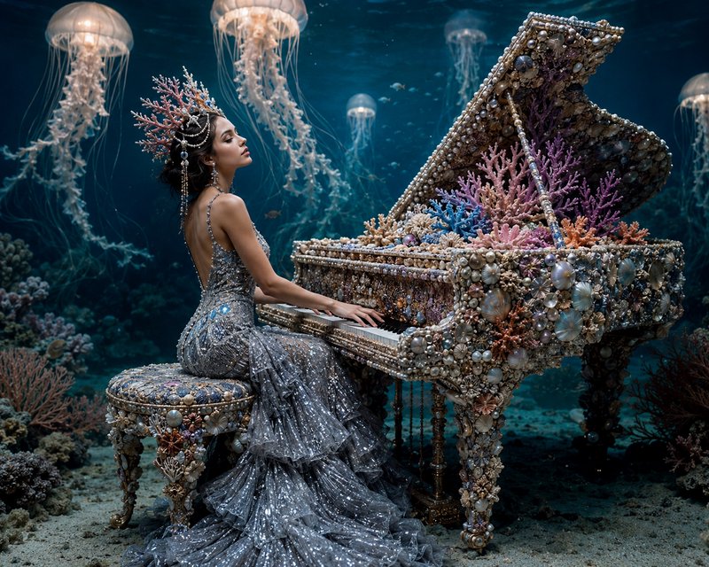 Ethereal sea queen in a silver gown and coral crown plays a seashell-encrusted grand piano in an ...