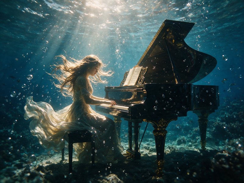 Blonde woman in a flowing sheer gown plays an ornate grand piano on an underwater seabed, surroun...
