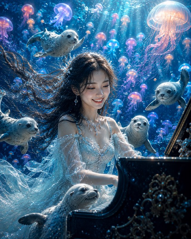 Ethereal smiling woman plays grand piano underwater, surrounded by glowing jellyfish and playful ...