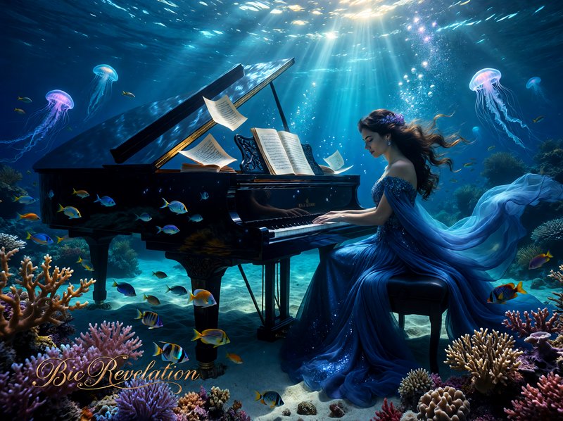 Woman in flowing shimmering blue gown playing grand piano in a sunlit underwater coral reef scene...