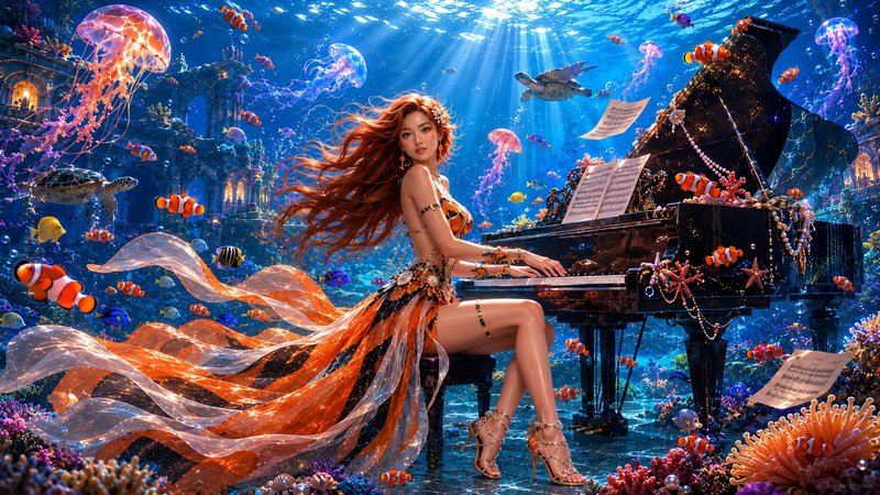 Long red-haired fantasy woman plays grand piano in a sunlit underwater scene surrounded by glowin...