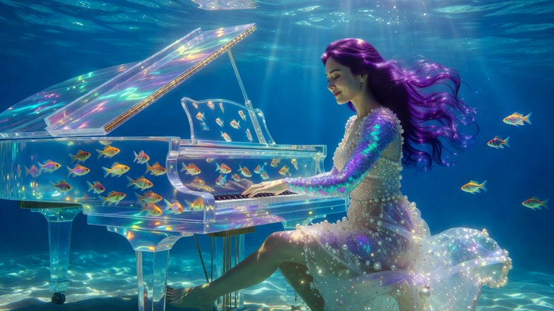 Woman with flowing purple hair plays a clear iridescent crystal grand piano underwater surrounded...