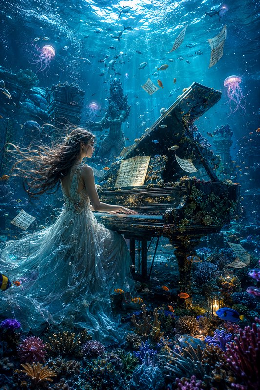 Ethereal woman in a flowing gown plays an ornate grand piano inside a glowing magical underwater ...