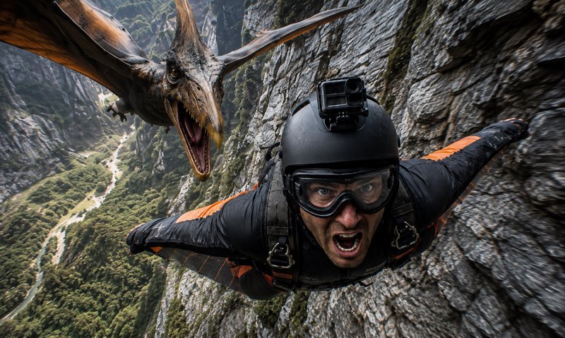 Wingsuit flyer mid-free fall pursued by an open-jawed pterodactyl flying alongside a rocky forested canyon