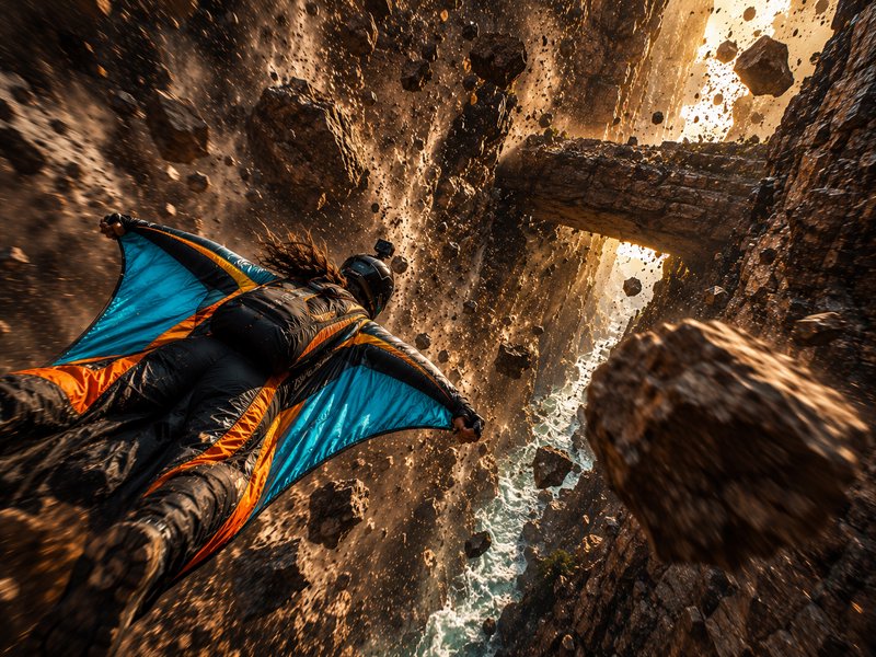 [Wingsuit flyer glides through a rocky canyon past falling boulders, approaching a natural stone arch at golden hour.]