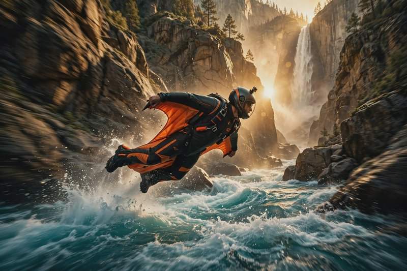 Extreme athlete in an orange wingsuit skims above turbulent canyon whitewater, a sunlit waterfall glowing at golden hour.