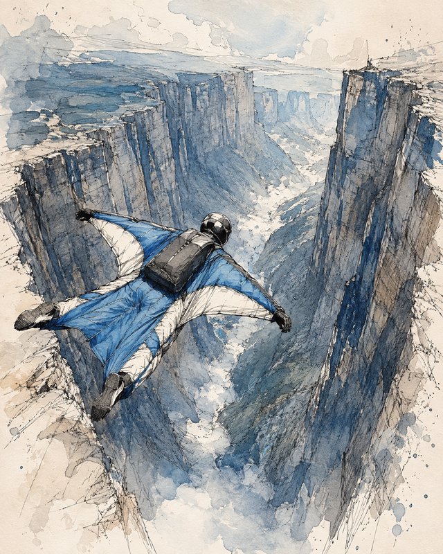 [Watercolor pen sketch of a wingsuit flyer gliding mid-flight between steep towering canyon cliffs]
