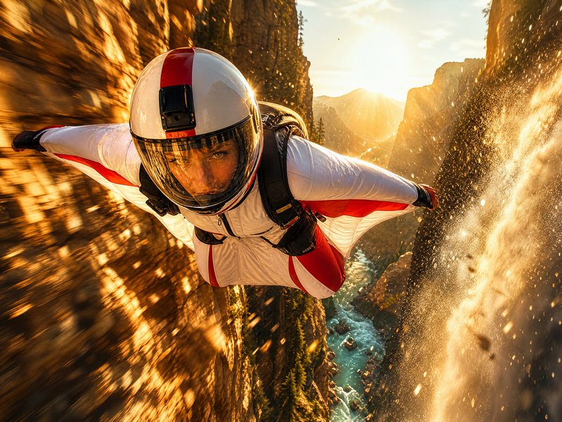 Wingsuit pilot in red-white gear glides at speed through a sunlit rocky canyon, motion blur conve...