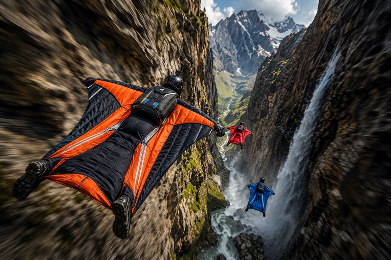 Three wingsuit flyers glide at high speed through a steep rocky mountain canyon beside a cascading waterfall, motion blur ...