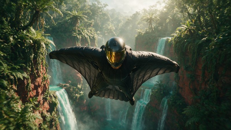 [Wingsuit flyer in black suit and gold visor helmet glides through a misty tropical rainforest canyon past cascading turqu...