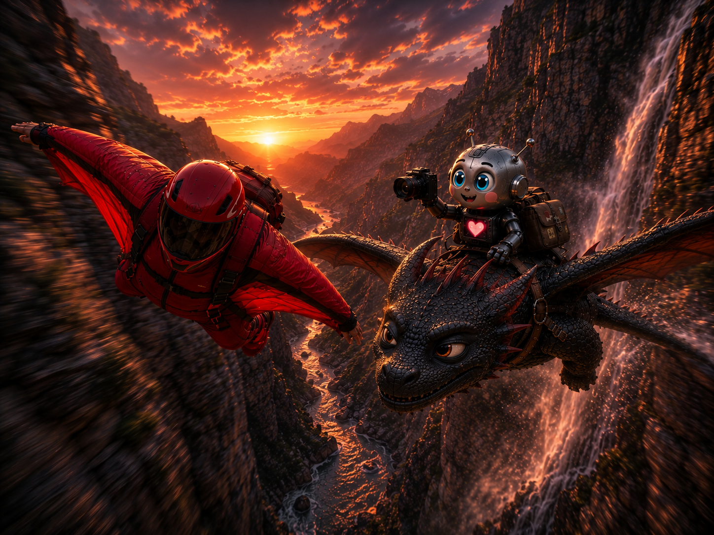 Wingsuit flyer glides next to a cute robot riding a dragon over a rocky canyon at vivid fiery sunset.