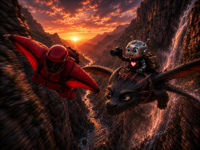 Wingsuit flyer glides next to a cute robot riding a dragon over a rocky canyon at vivid fiery sunset.