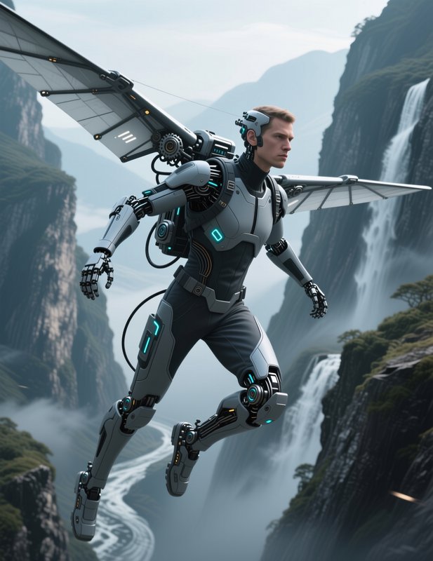 Futuristic cyborg with mechanical wing exosuit flies above misty mountain canyon with cascading w...