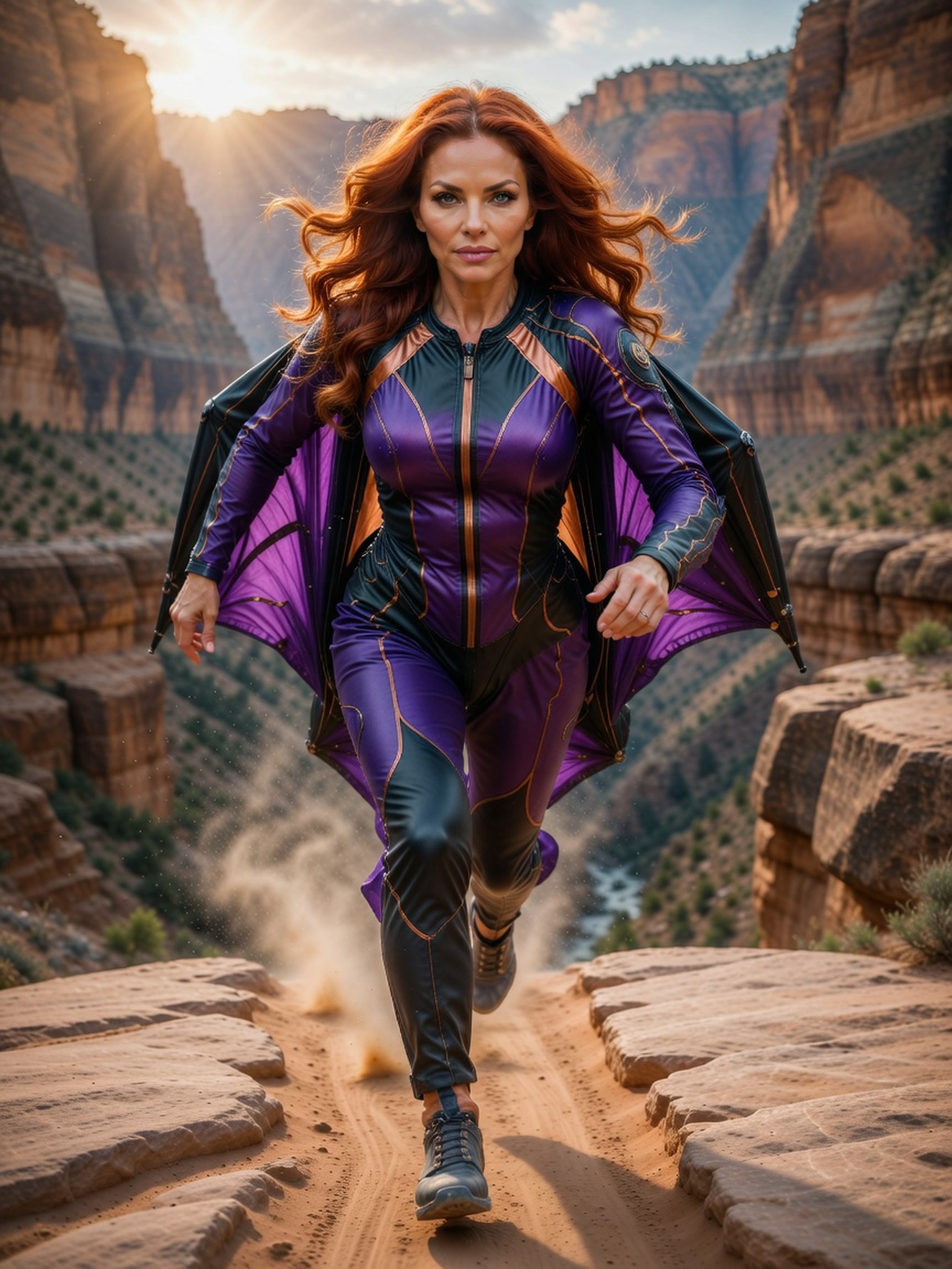 Red-haired woman in a purple winged flight suit runs toward the camera on a sunlit red rock canyon rim.