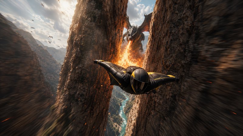 Wingsuit flyer glides through a narrow rocky canyon, chased by a fire-breathing fantasy dragon.