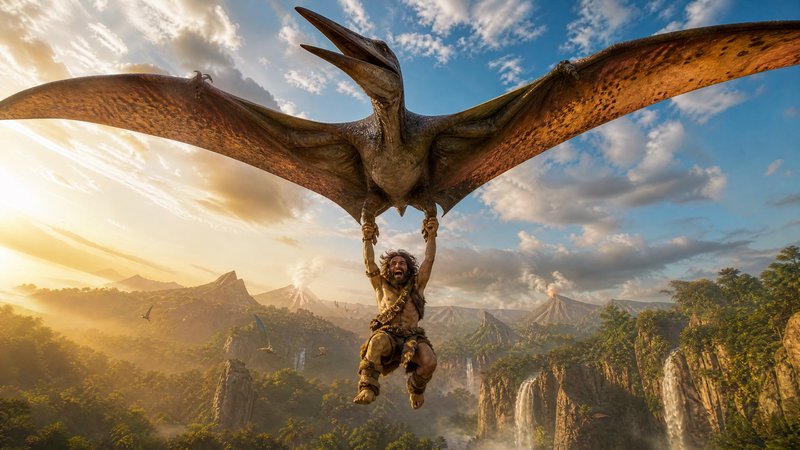 Bearded caveman dangles from a giant pterodactyl flying over a lush prehistoric jungle at golden ...