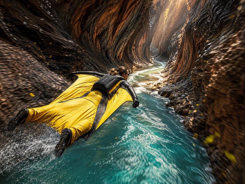 Wingsuit flyer in a bright yellow suit glides low over a rushing turquoise river through a narrow rocky slot canyon.