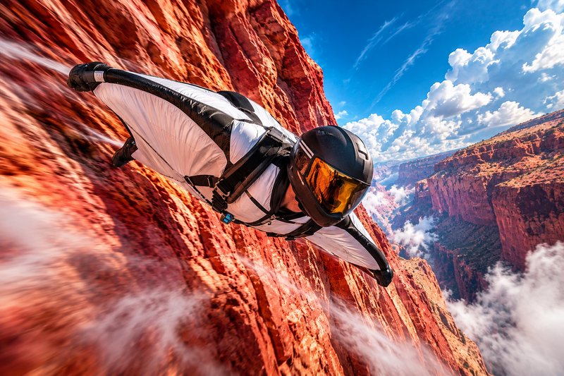 [Wingsuit flyer in a black and white suit glides at high speed inches from red sandstone canyon cliff walls under a bright...