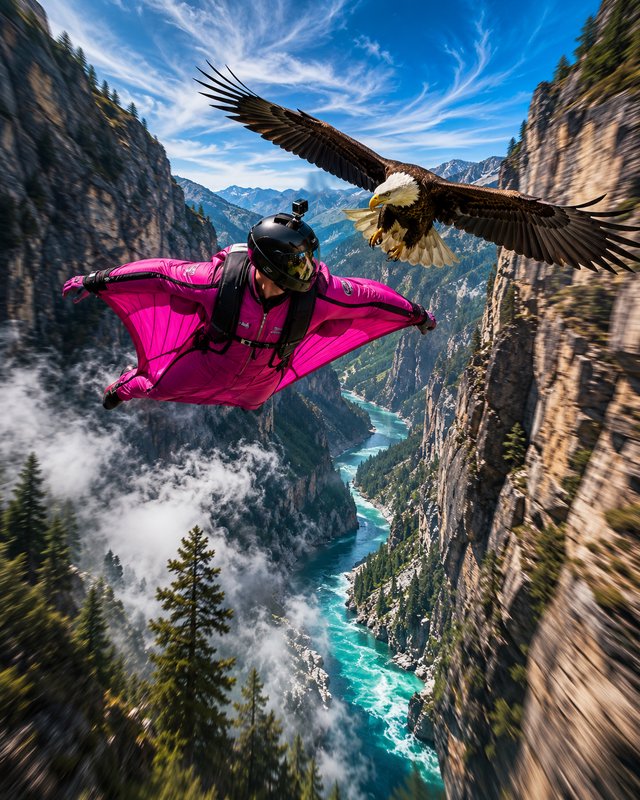 Wingsuit flyer in bright pink suit glides alongside a bald eagle soaring over a rocky mountain ri...