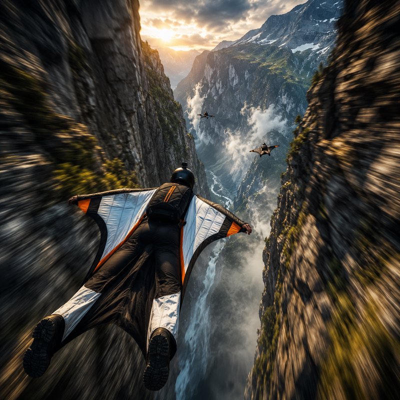 First-person view of a wingsuit flyer gliding fast through a steep mountain canyon at golden suns...