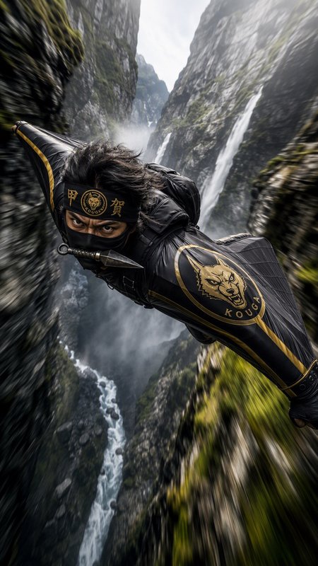 Kouga clan ninja in black and gold wingsuit free flying through a misty mountain canyon with cascading waterfalls, motion ...