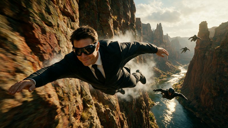 Tom Cruise in a suit and skydiving goggles free falls above a rocky river canyon with other trail...