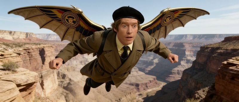 [Wide-eyed man with ornate steampunk flying wings glides mid-air over the Grand Canyon, wearing a beret and trench coat]