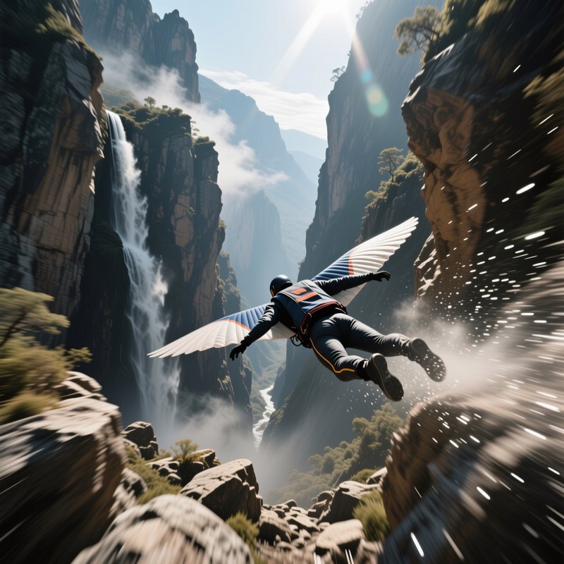 Wingsuit flyer glides at high speed through a sunlit rocky canyon beside a cascading cliff waterf...