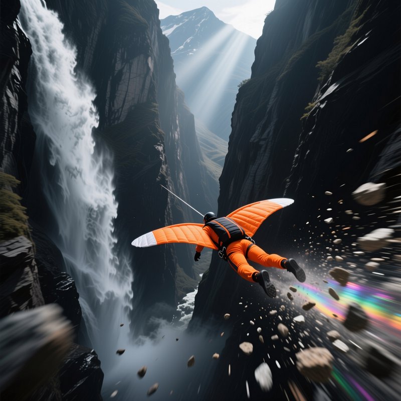 [Wingsuit flyer in bright orange suit glides at high speed through a steep rocky canyon beside a tall cascading waterfall.]