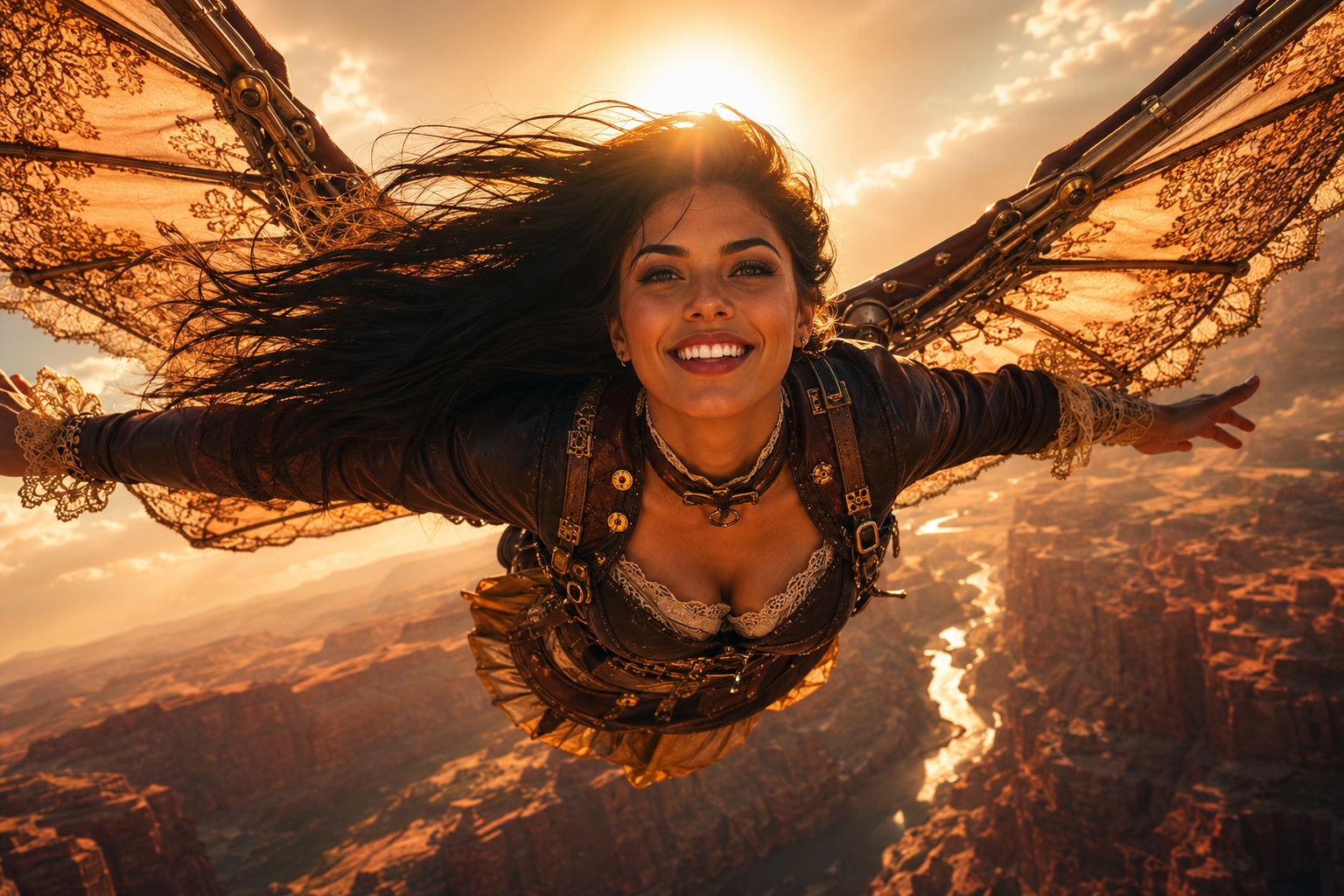 Joyful steampunk woman with mechanical lace wings soars over a red rock canyon at golden sunset.
