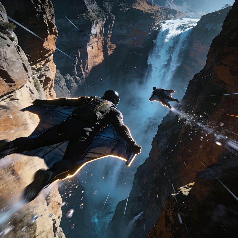Two wingsuit flyers glide at high speed through a steep rocky canyon beside a towering cascading ...