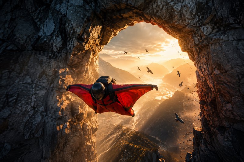 Wingsuit flyer in red suit gliding through a natural mountain rock arch at golden sunset, alpine valley and birds in backg...