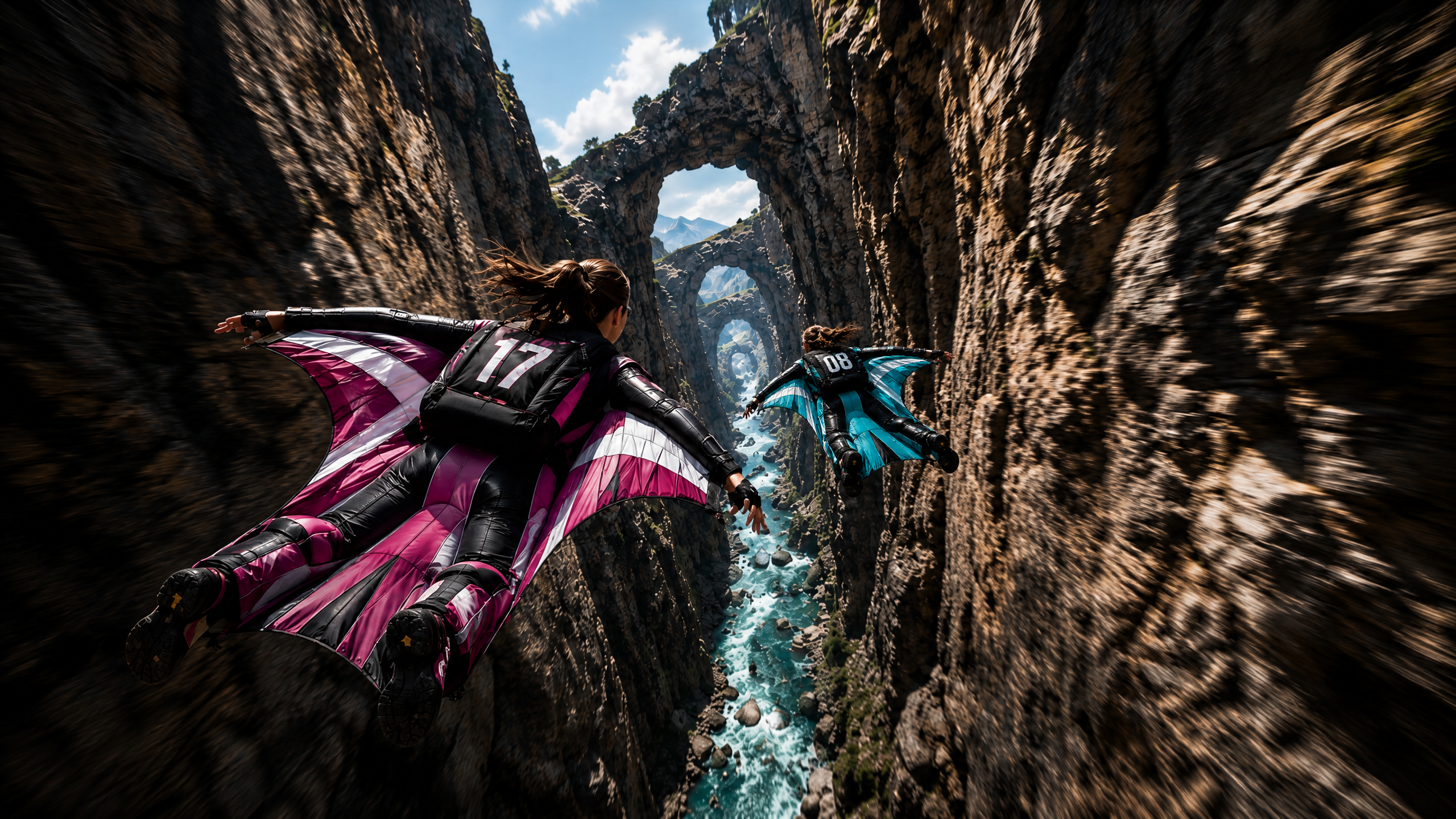 Two wingsuit flyers glide at high speed through a narrow rocky canyon lined with natural stone arches above a rushing river.