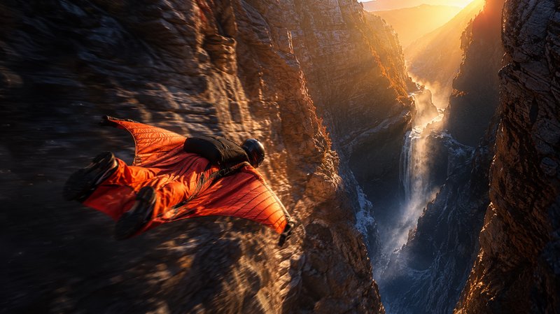 Wingsuit flyer in bright orange gear glides low through a rocky canyon beside a cascading waterfall during golden sunset.