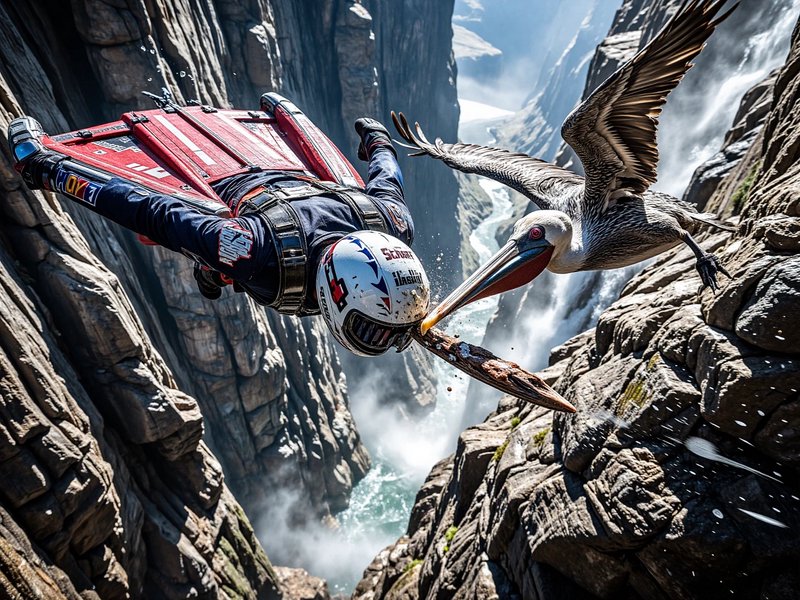 Wingsuit pilot mid-free fall through a steep rocky canyon, flying inches from a large pelican.