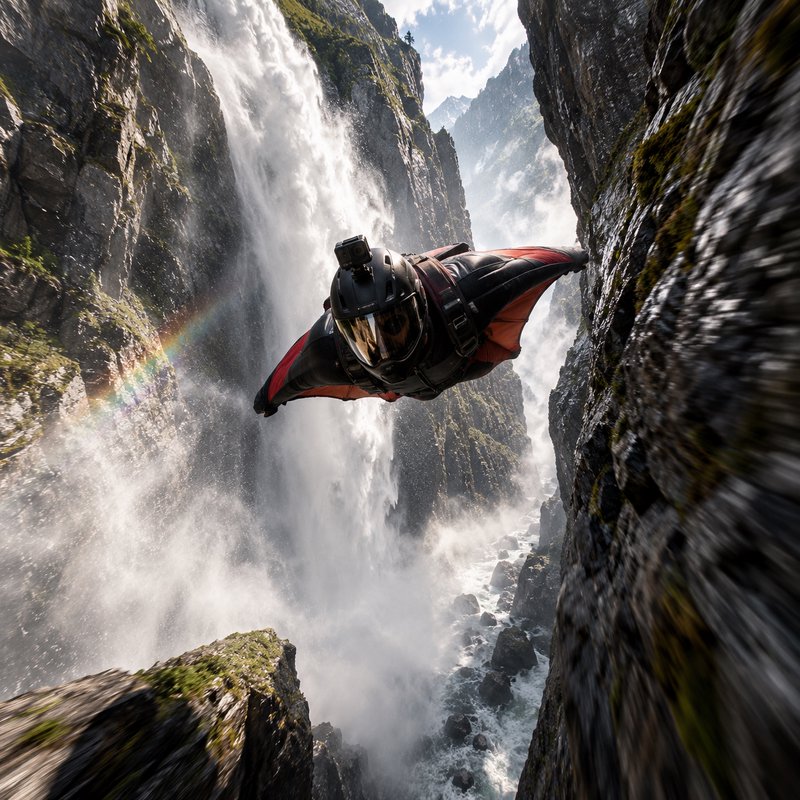 Wingsuit flyer glides at high speed through a steep rocky canyon beside a cascading waterfall wit...