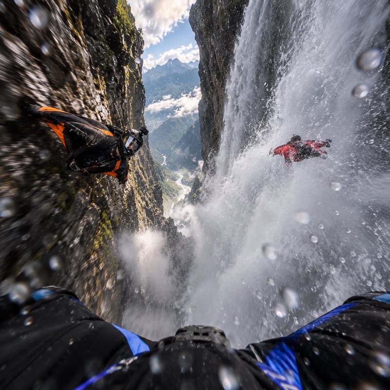 [First-person POV of wingsuit flyers soaring past a cascading waterfall between steep rocky alpine canyon walls]