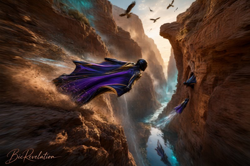 Armored flying superhero with a billowing purple cape speeds through a sunlit red sandstone canyo...