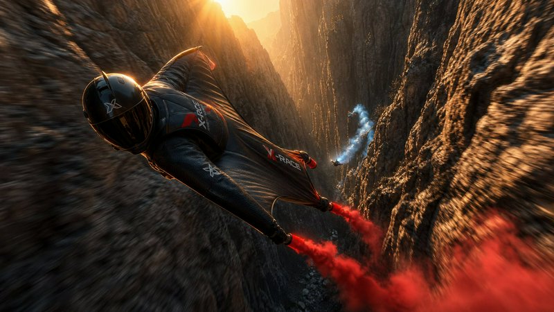 Wingsuit racer trailing red smoke glides at high speed through a steep rocky canyon during golden...