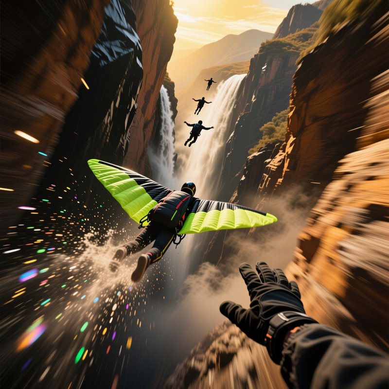 POV shot of wingsuit flyers soaring at high speed through a rocky waterfall canyon during golden ...