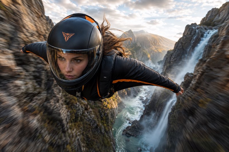 Female wingsuit pilot glides at speed through a rocky mountain canyon beside a cascading waterfall, with motion blurred ba...