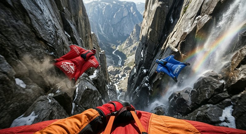 First-person POV of wingsuit flyers gliding through a steep rocky canyon beside a waterfall with ...