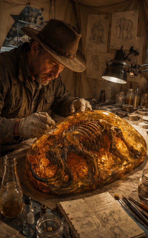 Paleontologist uses a precision tool to examine a woolly mammoth skeleton encased in large glowin...
