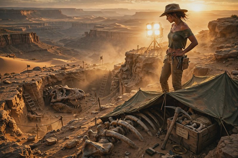 Female paleontologist surveys a dinosaur fossil dig site at golden sunset in a desert canyon badl...