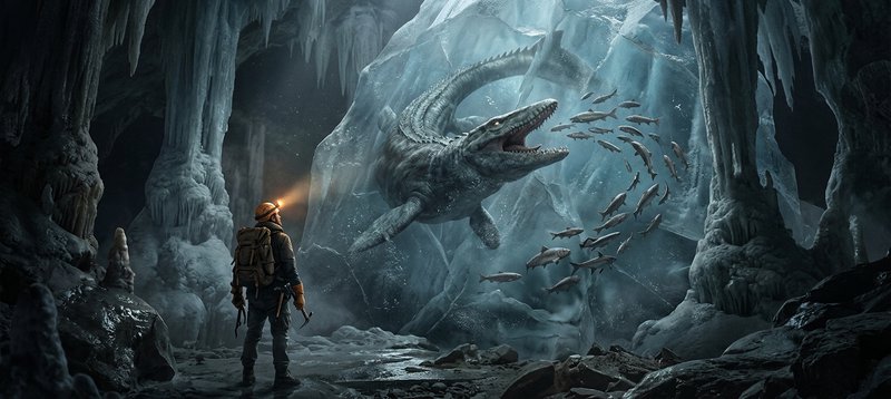 Arctic explorer with headlamp observes a giant prehistoric mosasaur encased in glacial ice inside...